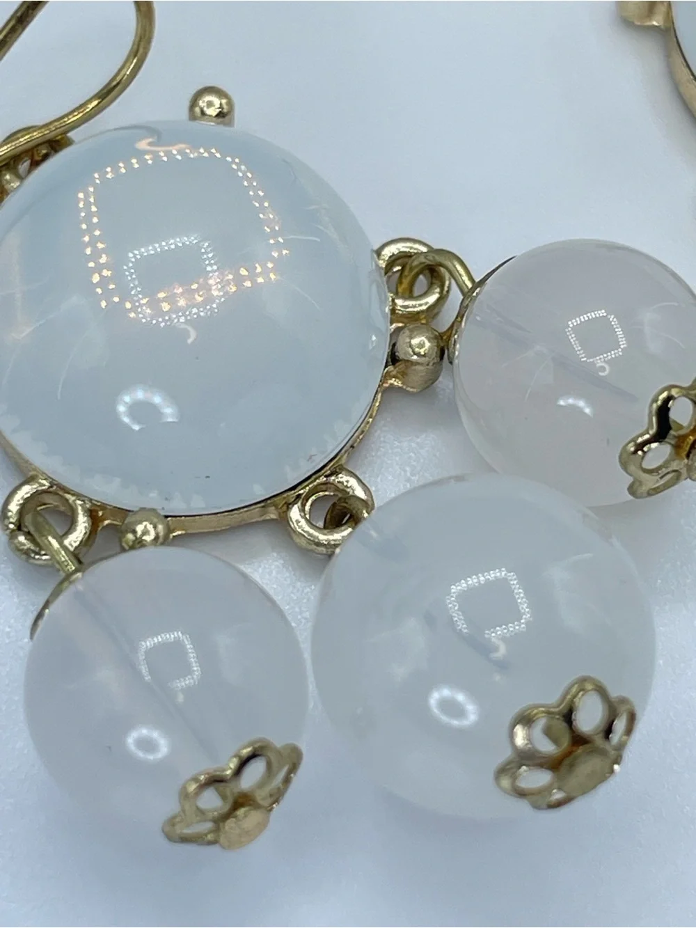 Gold Tone White Acrylic Beaded Chandelier Dangle Drop Earrings